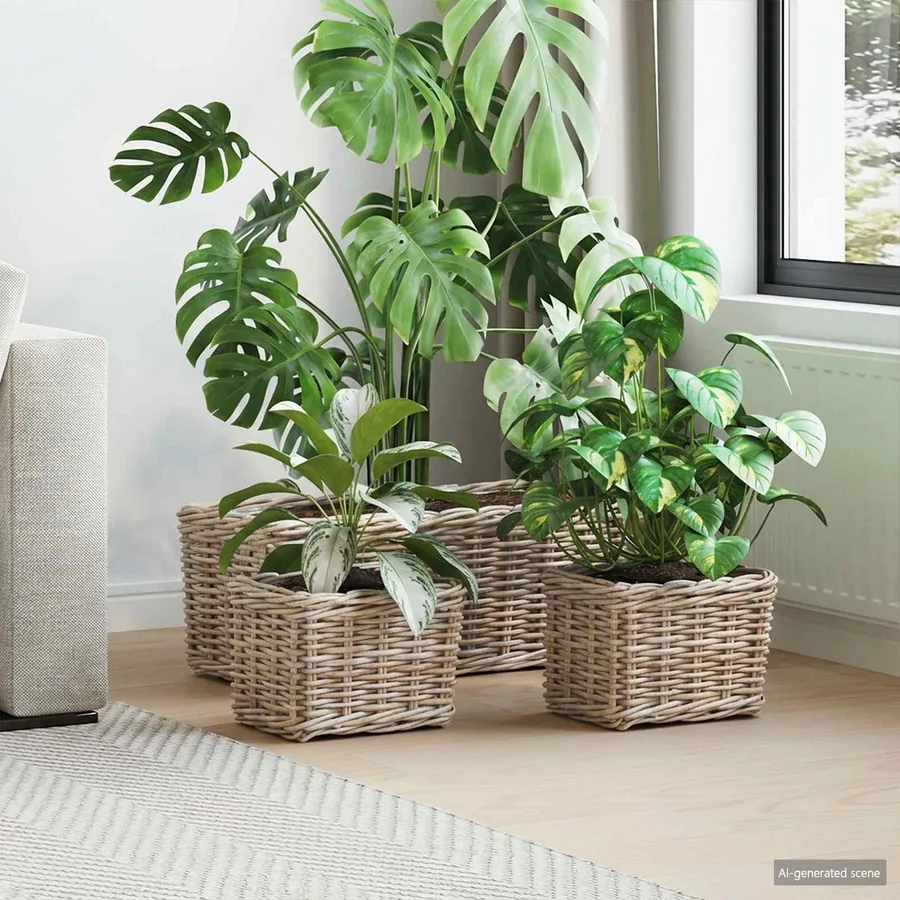 Panier de plantation 3 pc Gris naturel Rattan Kubu