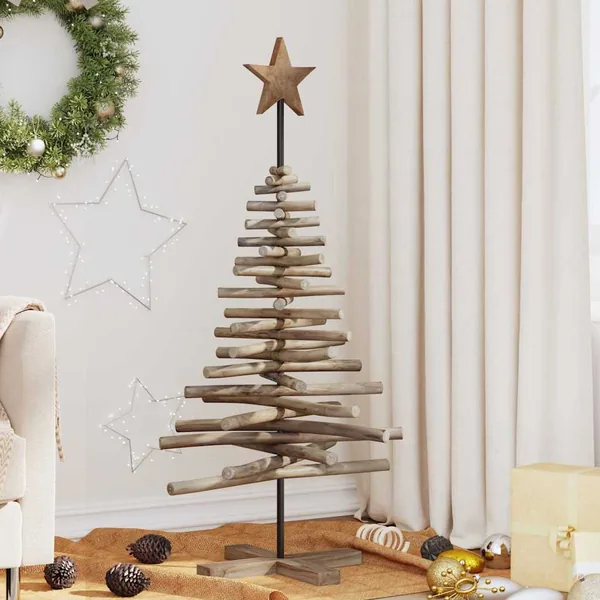 Sapin de Noël avec support Marron 120 cm Bois de teck solide