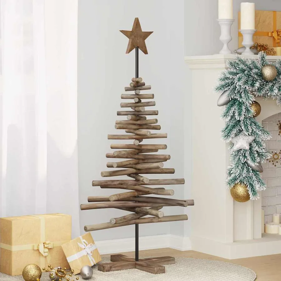 Sapin de Noël avec support Marron 120 cm Bois de teck solide - 4