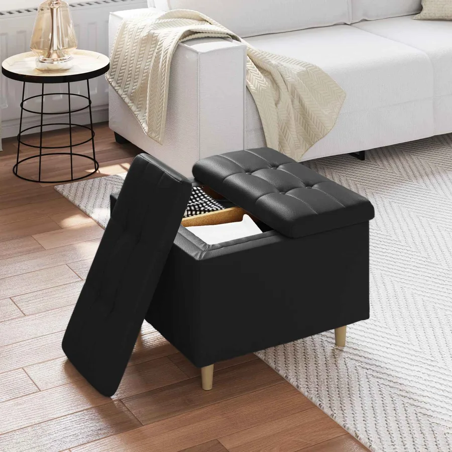 Pouf de rangement avec coussin Noir 60 x 60 x 45 cm Simili cuir - 4