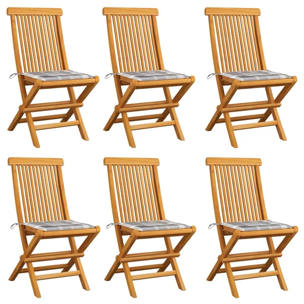 Chaises de jardin coussins à carreaux gris lot de 6 Teck massif