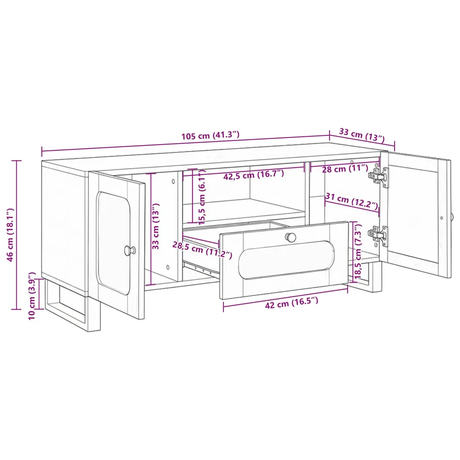Meuble TV Marron 105 x 33 x 46 cm Bois de mangue massif - 12