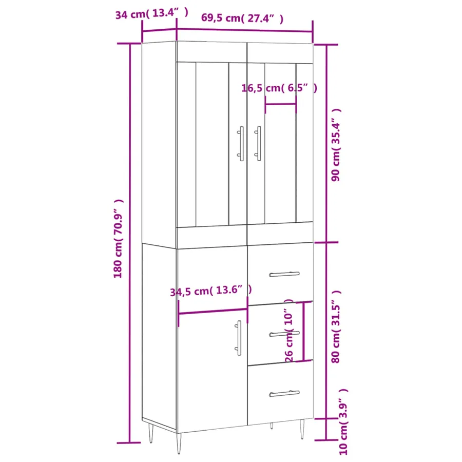 Buffet haut Sonoma gris 69,5x34x180 cm Bois d'ingénierie - 14
