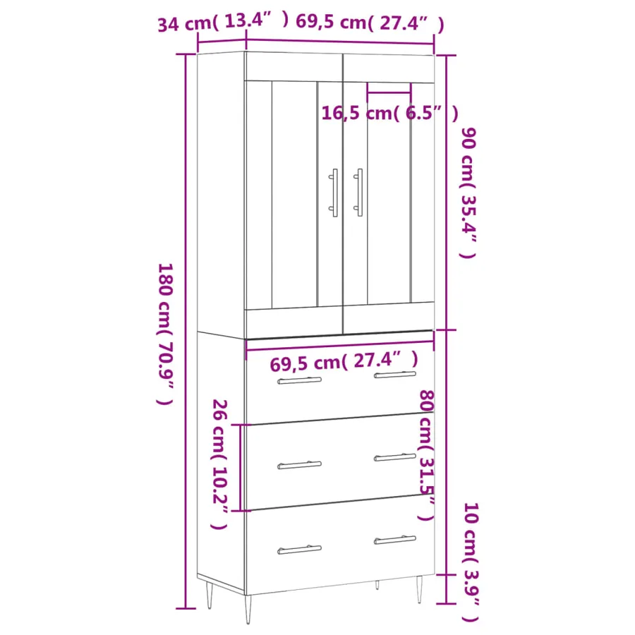 Buffet haut Sonoma gris 69,5x34x180 cm Bois d'ingénierie - 14