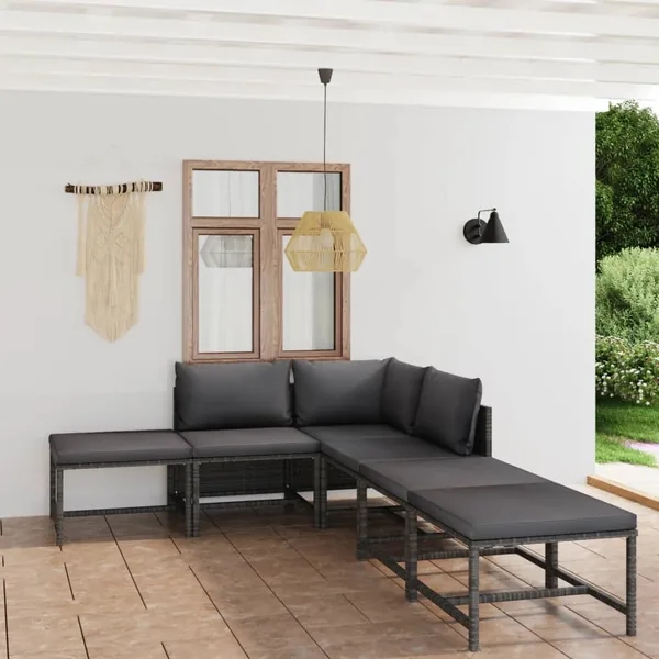 Salon de jardin 6 pcs avec coussins Résine tressée Gris