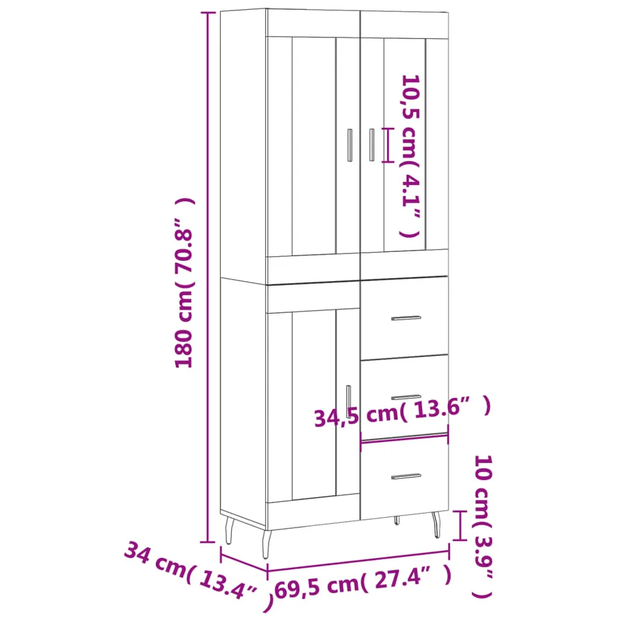 Buffet haut Chêne sonoma 69,5x34x180 cm Bois d'ingénierie - 14