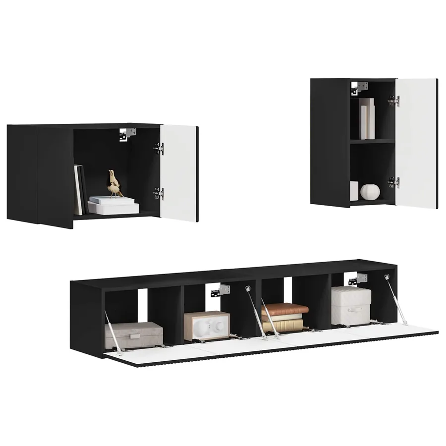 Ensemble de meuble TV mural 4 pcs Noir Bois d'ingénierie - 3