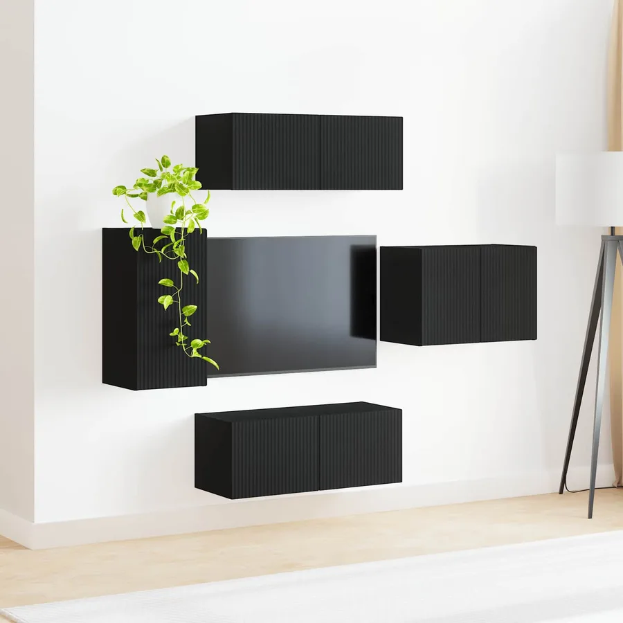 Ensemble de meuble TV mural 4 pcs Noir Bois d'ingénierie - 4