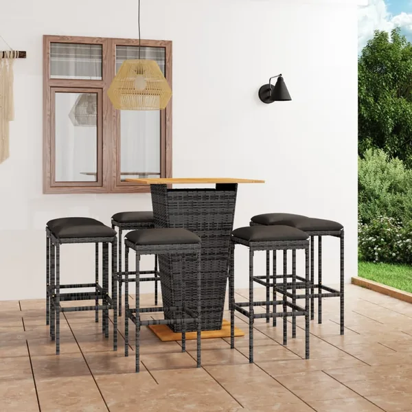 Ensemble de bar de jardin 9 pcs et coussins Résine tressée Gris