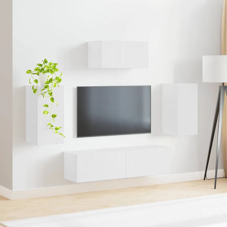 Ensemble meuble TV Montage mural 5 pcs Blanc Bois d'ingénierie - 4