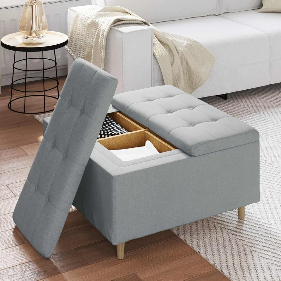 Pouf de rangement avec coussin Gris clair 80 x 80 x 45 cm tissu - 4