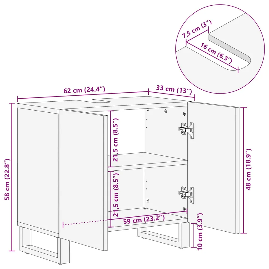 Meuble sous Lavabo de Salle de Bain Naturel 62 x 33 x 58 cm - 12