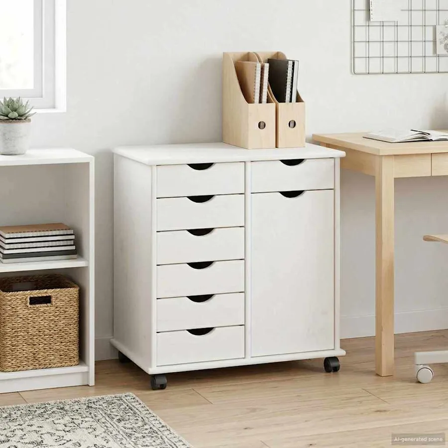 Cabinet roulant Blanc 63,5 x 39 x 65,5 cm Bois de Pin Massif