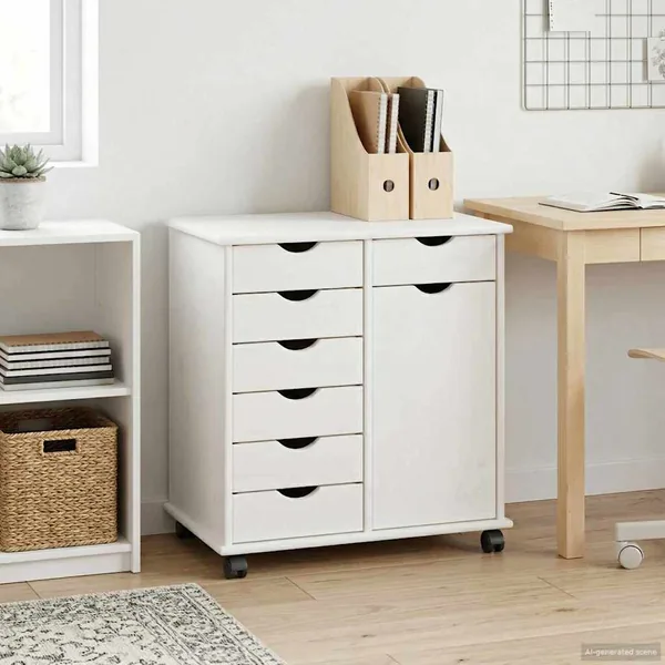 Cabinet roulant Blanc 63,5 x 39 x 65,5 cm Bois de Pin Massif