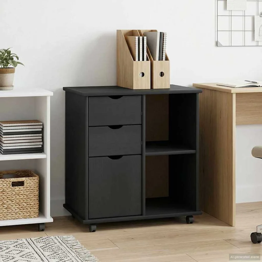 Cabinet roulant Gris 63,5 x 39 x 65,5 cm Bois de Pin Massif