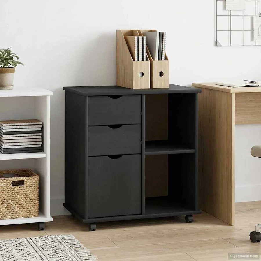 Cabinet roulant Gris 63,5 x 39 x 65,5 cm Bois de Pin Massif - 3
