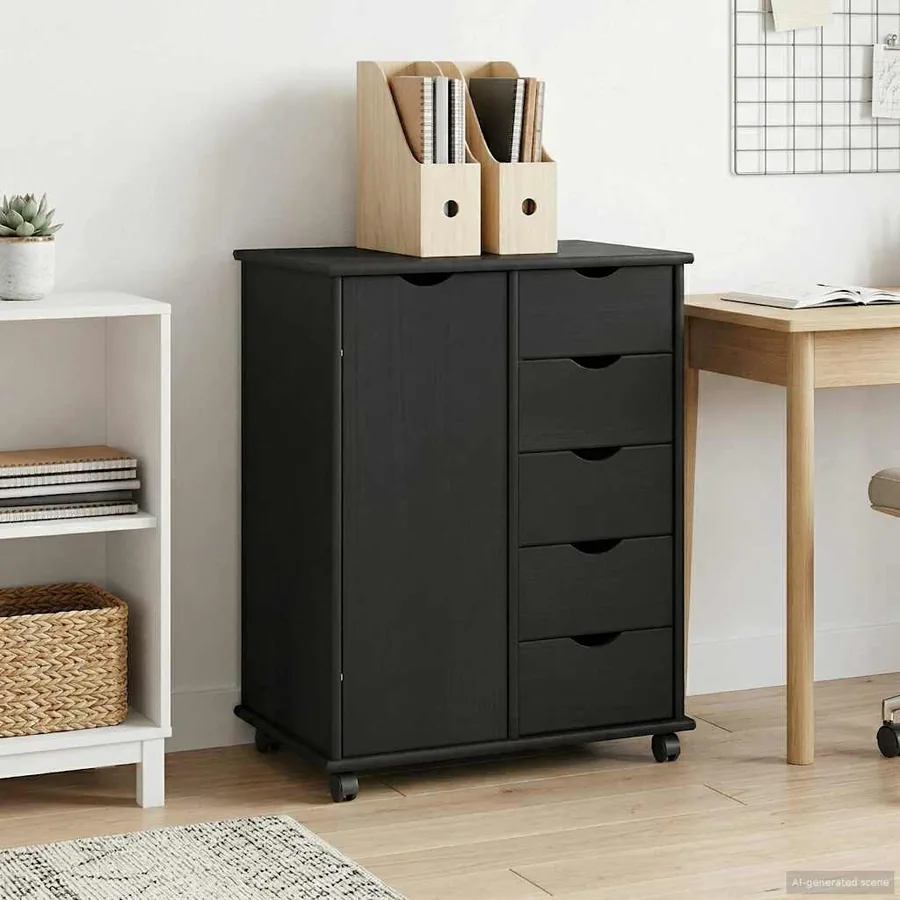 Cabinet roulant Noir 63,5 x 39 x 79 cm Bois de Pin Massif