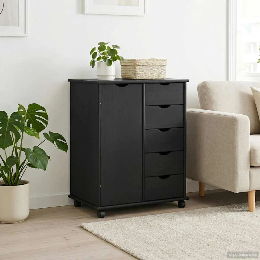 Cabinet roulant Noir 63,5 x 39 x 79 cm Bois de Pin Massif - 3