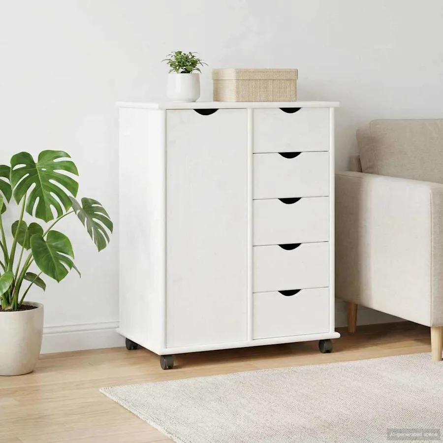 Cabinet roulant Blanc 63,5 x 39 x 79 cm Bois de Pin Massif - 3