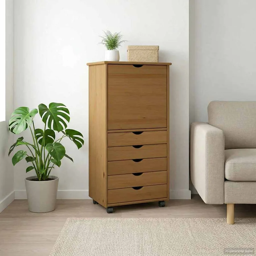 Cabinet roulant Marron miel 53 x 39 x 103 cm Bois de Pin Massif