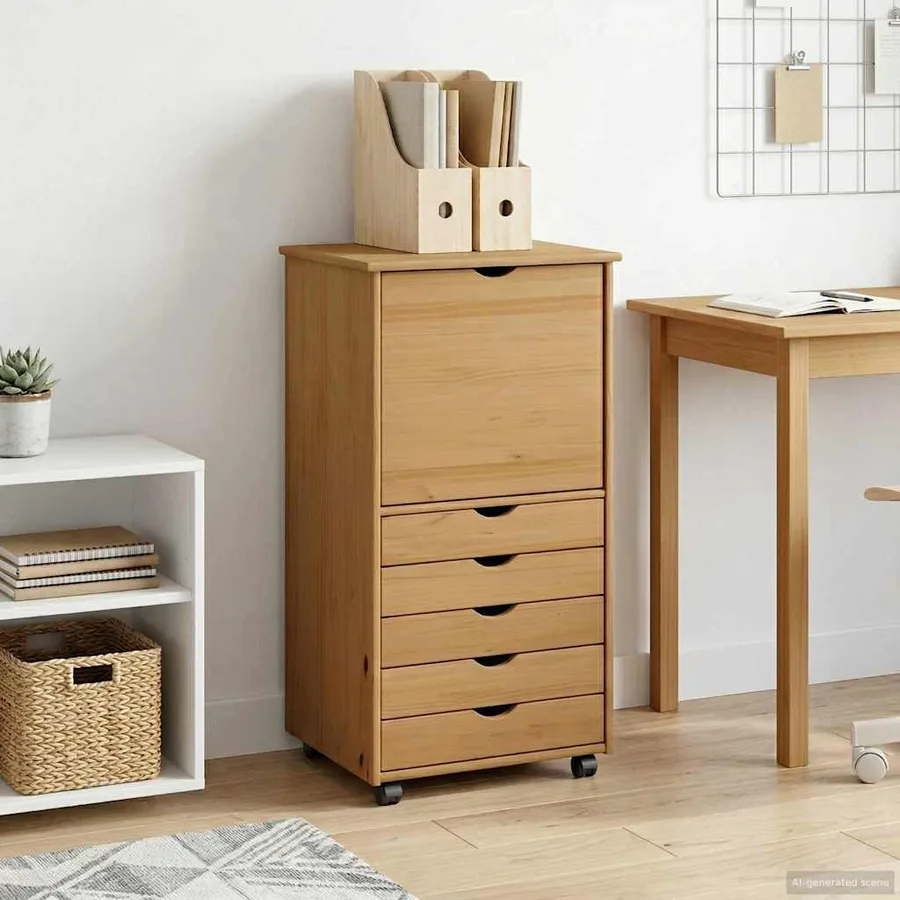 Cabinet roulant Marron miel 53 x 39 x 103 cm Bois de Pin Massif - 3