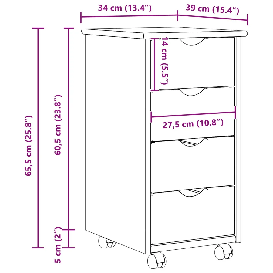 Cabinet roulant Marron 65,5 x 34 x 39 cm Bois de Pin Massif - 9