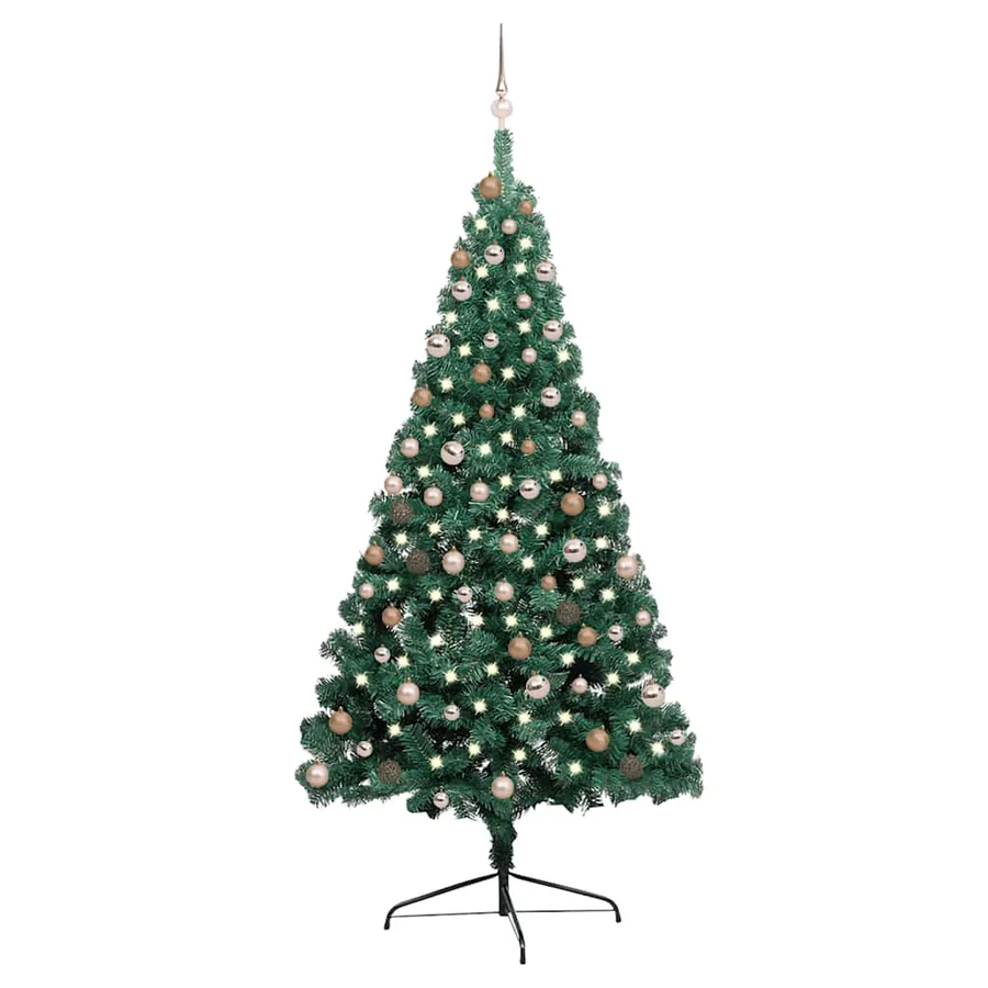 Demi-arbre de Noël artificiel pré-éclairé et boules vert 210 cm