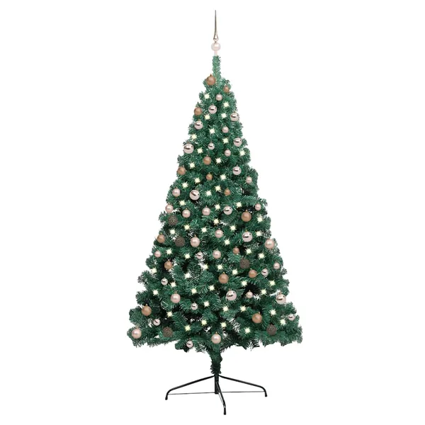 Demi-arbre de Noël artificiel pré-éclairé et boules vert 210 cm