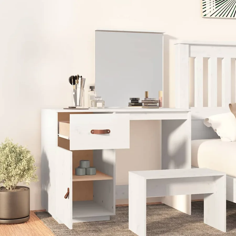 Coiffeuse Blanc 95x50x134 cm Bois de pin massif - 3