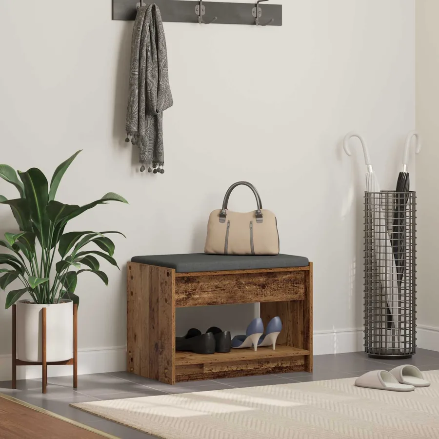 Banc d'entrée avec coussin Bois ancien 63 x 38 x 45 cm