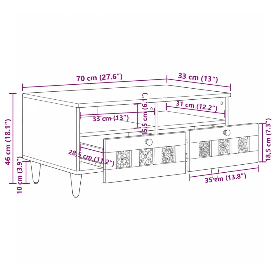 Meuble TV Noyer 70 x 33 x 46 cm Bois de mangue massif - 12