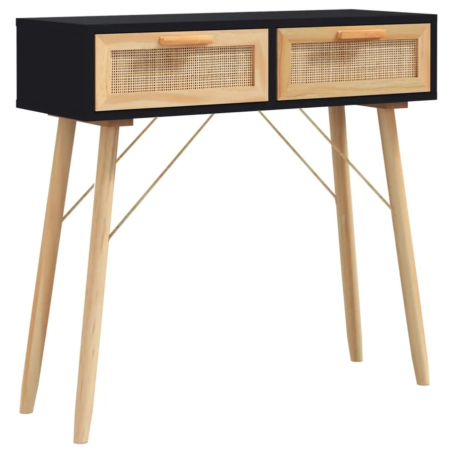 Table console Noir 80x30x75 cm Bois massif pin /rotin naturel - 2