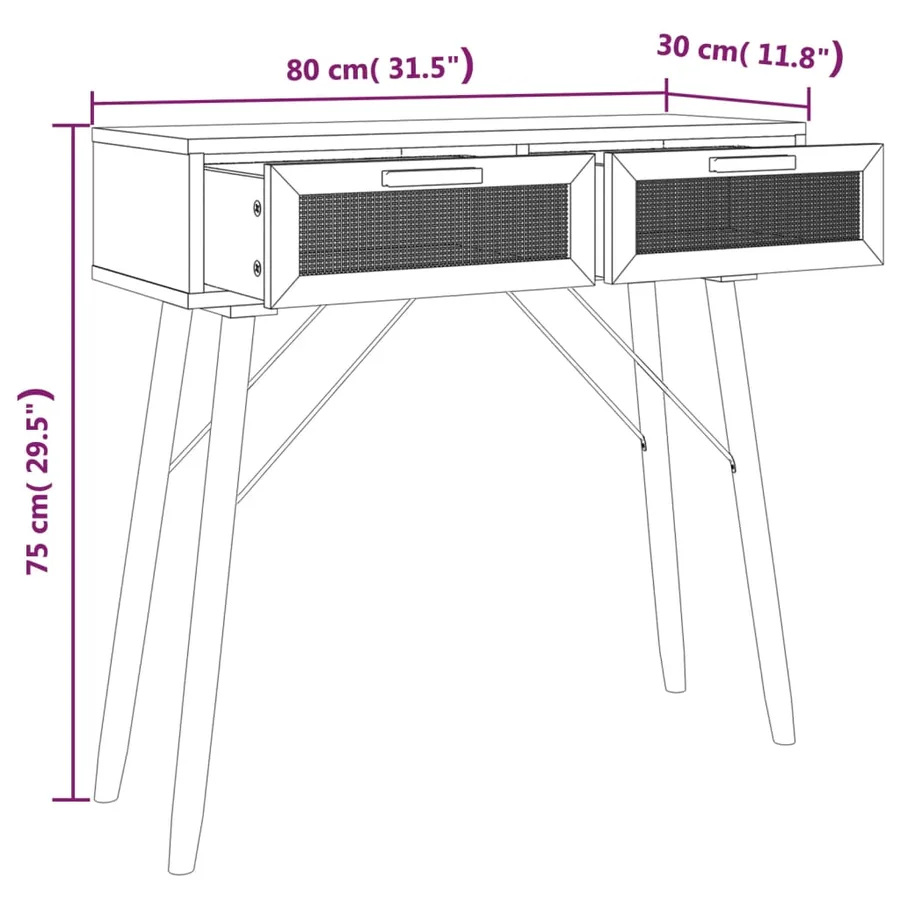 Table console Noir 80x30x75 cm Bois massif pin /rotin naturel - 7