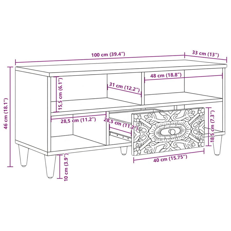 Meuble TV Marron 100 x 33,5 x 46 cm Bois de mangue massif - 11