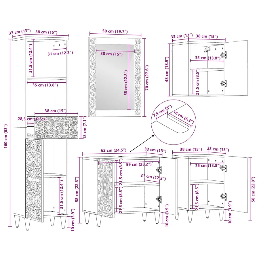 Ensemble de mobilier de salle de bain avec tiroir 5 pcs Marron - 18
