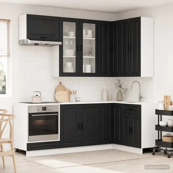 Unité de cuisine PORTO 8 pcs Noir Bois d'ingénierie