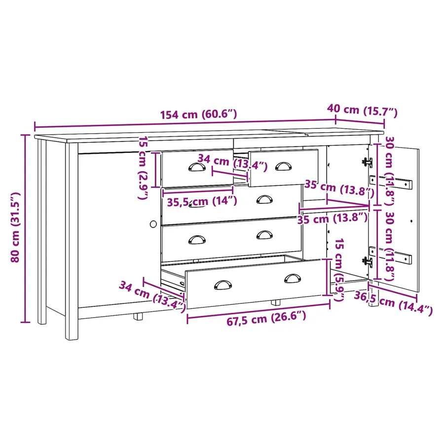 Buffet avec tiroir HILL Marron miel 154 x 40 x 80 cm Pin massif - 8