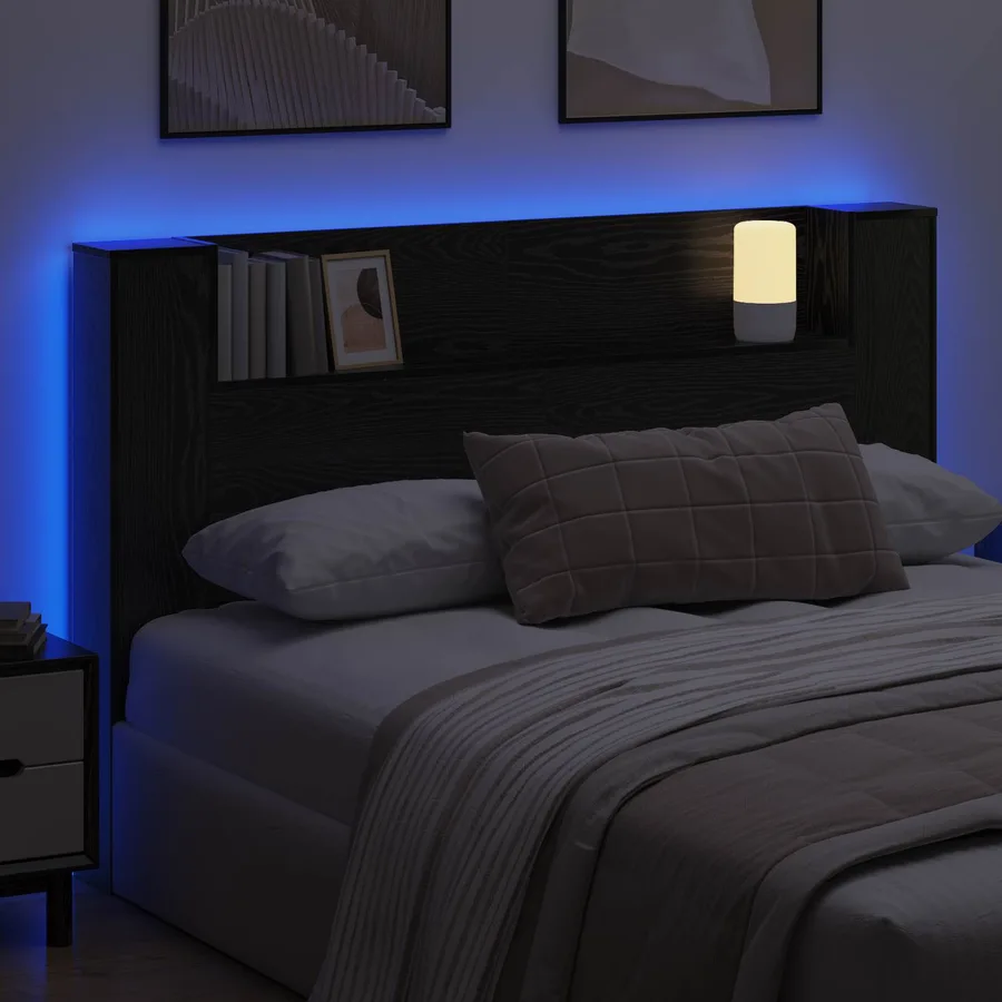 Cabinet de Tête de Lit avec LED Chêne Noir Bois d'ingénierie - 4