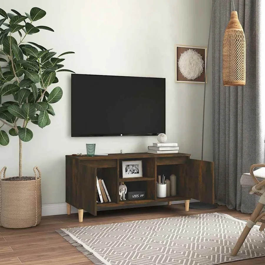 Meuble TV avec pieds en bois solide Chêne fumé 103,5x35x50 cm - 6