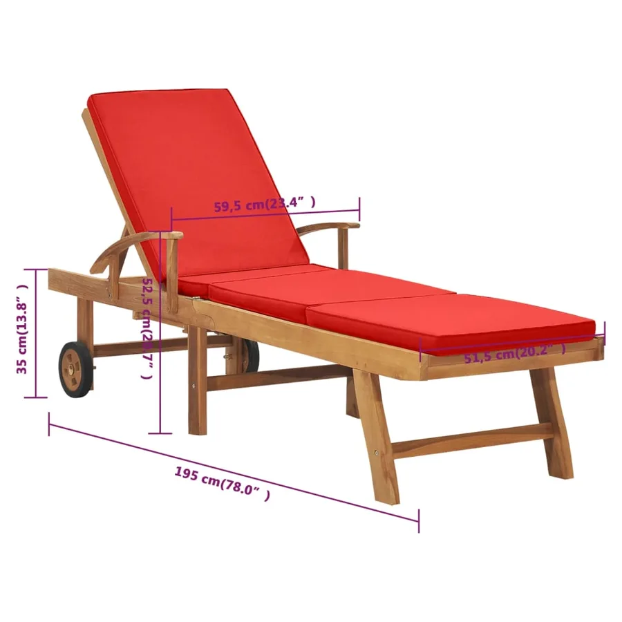 Chaise longue avec coussin Bois de teck solide Rouge - 10