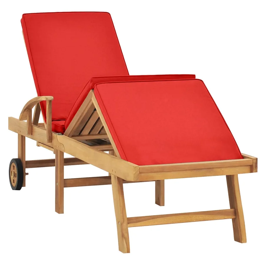 Chaise longue avec coussin Bois de teck solide Rouge - 2