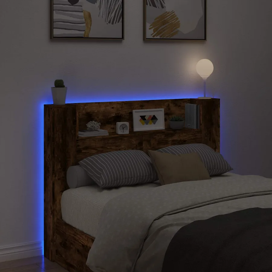 Cabinet de Tête de Lit avec LED Chêne Fumé Bois d'ingénierie - 4