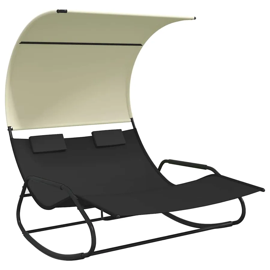 Chaise longue double à bascule avec auvent Noir et crème - 2