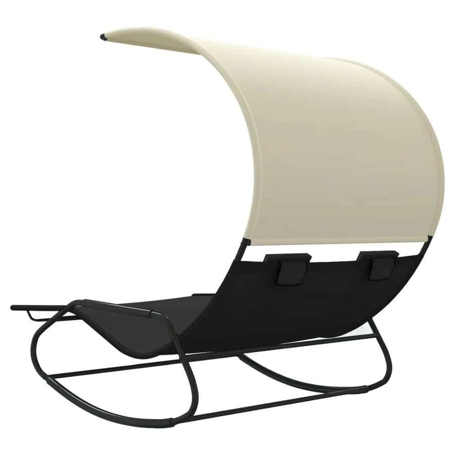 Chaise longue double à bascule avec auvent Noir et crème - 5