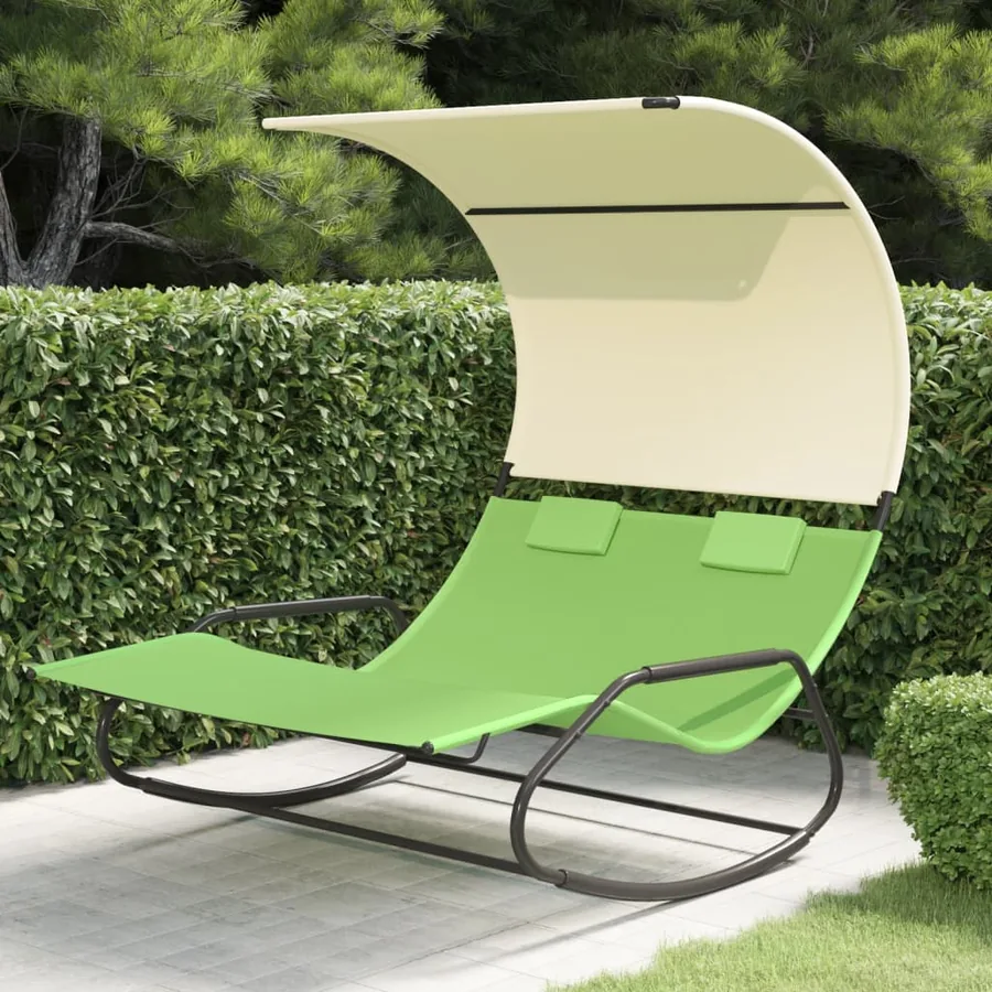 Chaise longue double à bascule avec auvent Noir et crème - 7