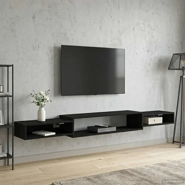 Meuble TV mural Montage mural Chêne noir 220 x 28 x 21 cm