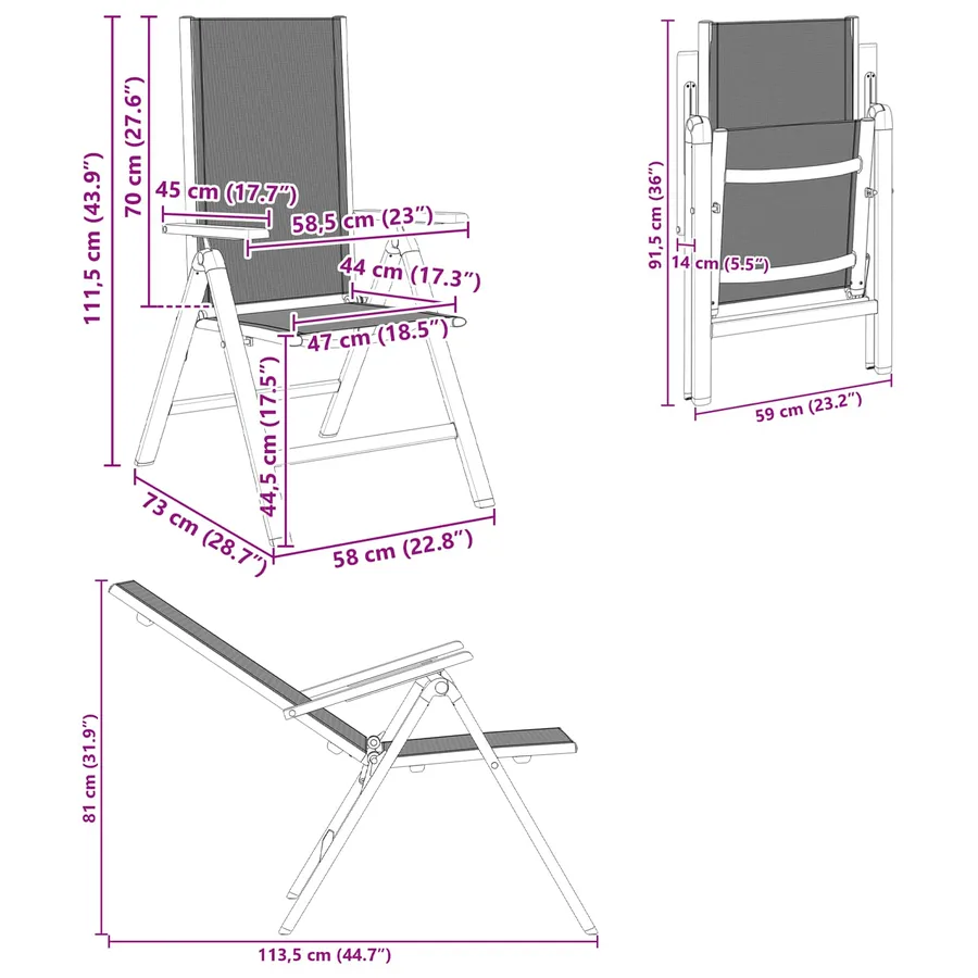 Chaises de jardin inclinables 2 pcs Noir 58 x 73 x 111,5 cm - 11