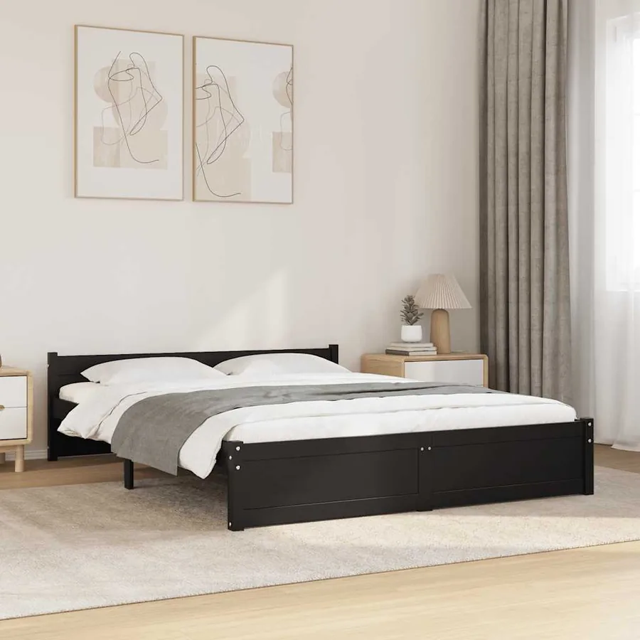 Cadre de lit sans matelas noir bois massif 140x190 cm