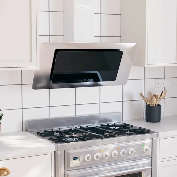 Hotte murale 90 cm Acier inoxydable et verre trempé Argenté