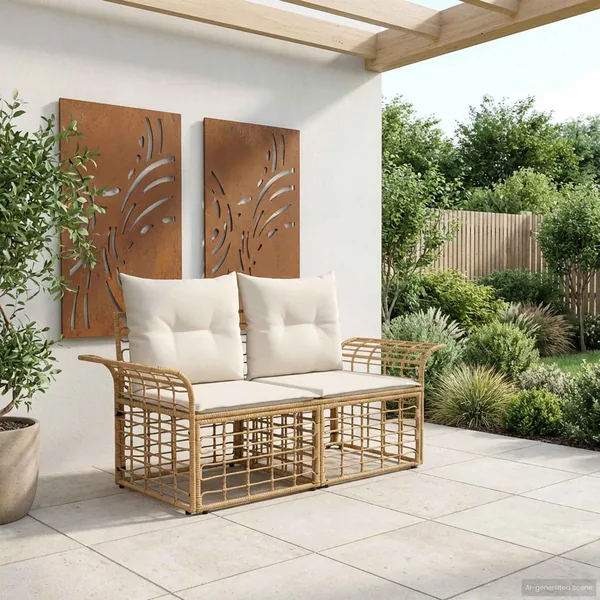 Loveseat d'extérieur 2 pcs Blanc Naturel et Crème polyrotin